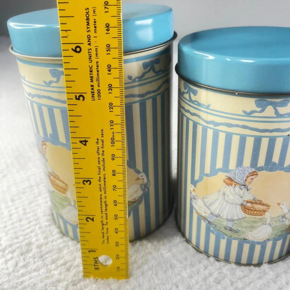 Vintage Country Girl and Geese Nesting Kitchen Canister Tin Set of 3 Blue Cream